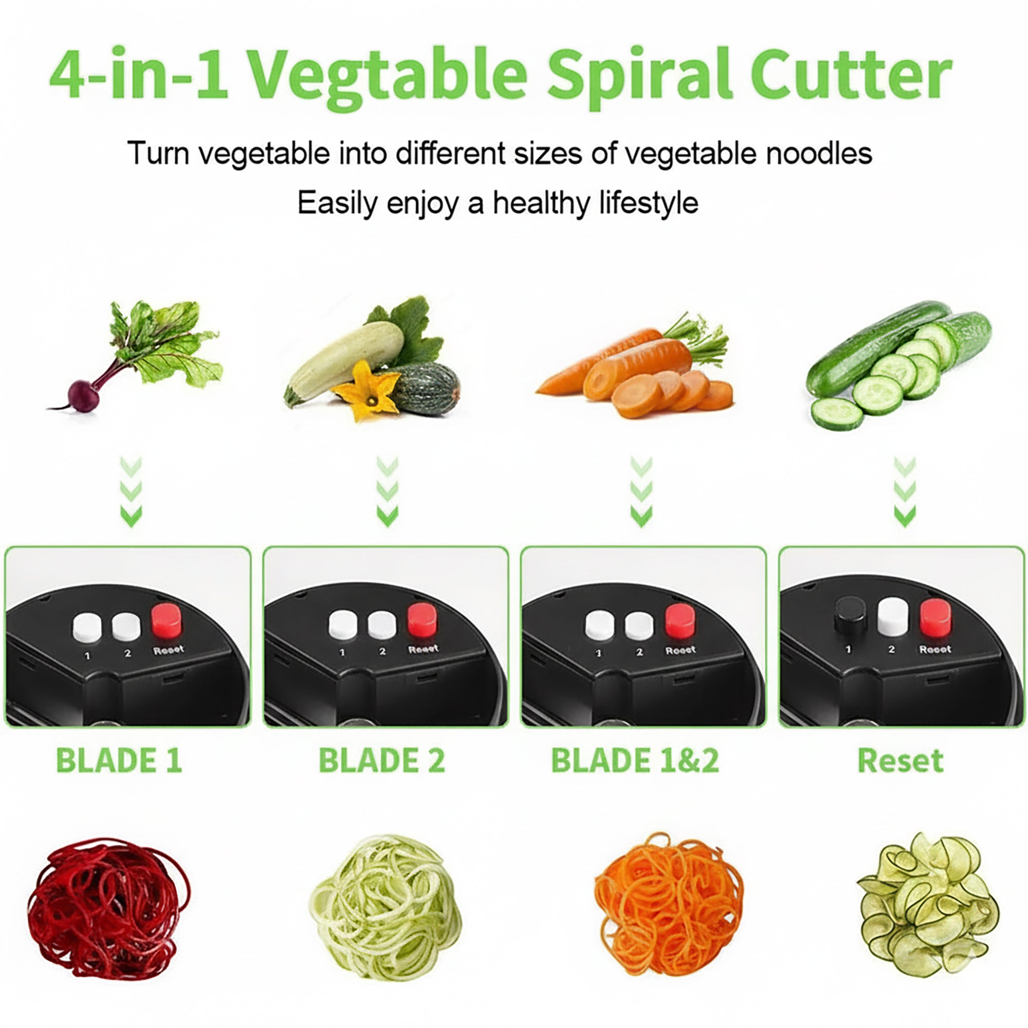 4-in-1 Vegetable Spiralizer Slicer, Handheld Veggie Noodle Maker with Stainless Steel Blades, Compact Zucchini Spaghetti Cutter for Healthy Eating – Black 4-in-1 Vegetable Spiralizer Slicer, Handheld Veggie Noodle Maker with Stainless Steel Blades, Compact Zucchini Spaghetti Cutter for Healthy Eating – Black